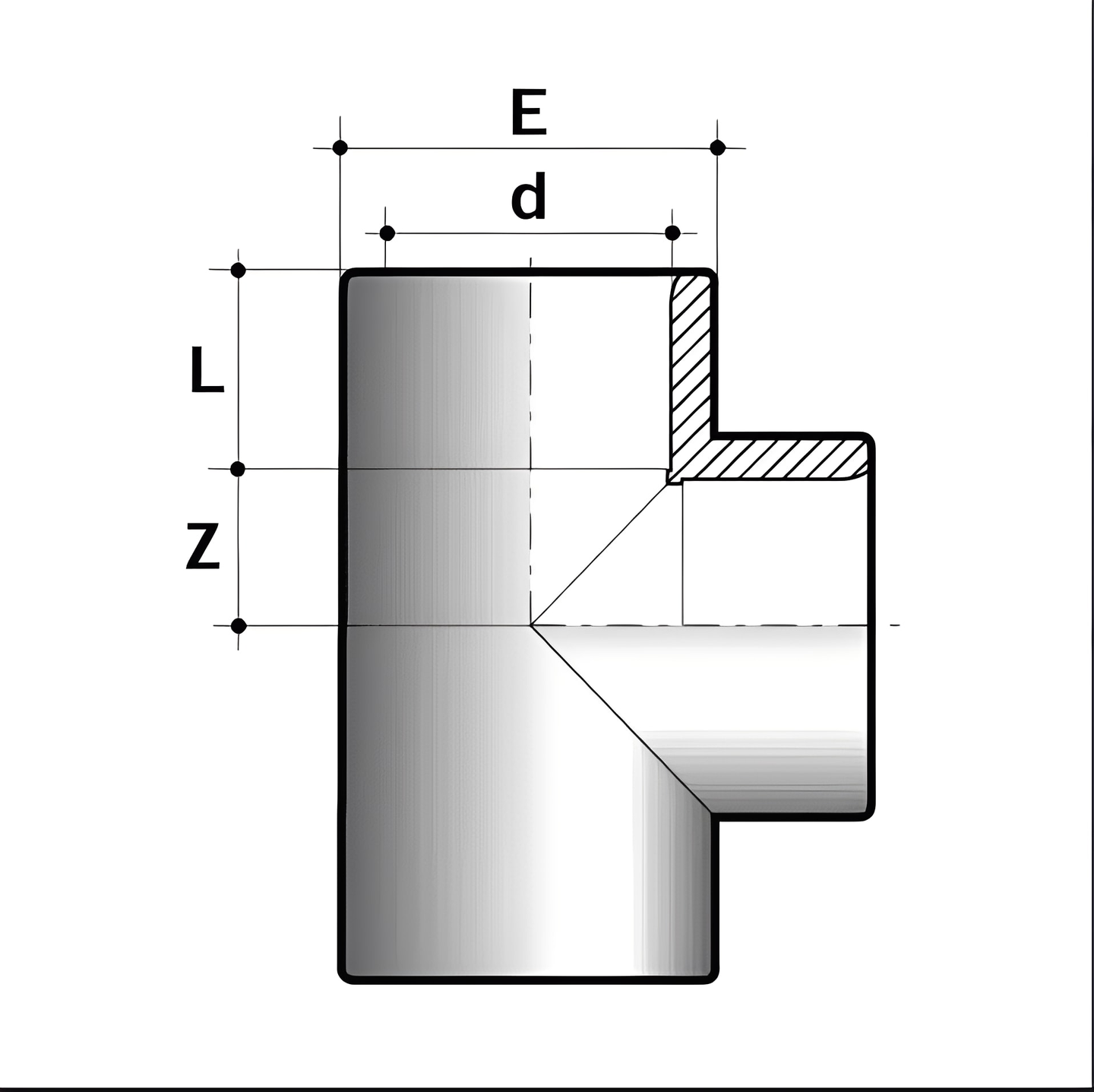 PVC-U Equal Tee Plain Imperial Pipe Fitting - All Sizes dimensional drawing with labeled measurements.