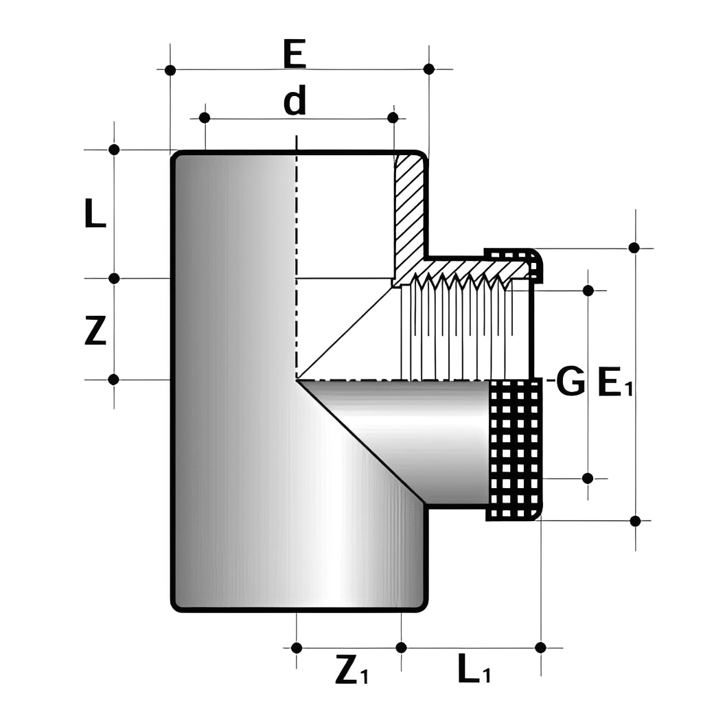 Image diagram of PVC-U Reinforced Equal Tee Plain to Threaded Imperial with detailed dimensions.