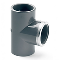 PVC-U Reinforced Equal Tee Plain to Threaded Imperial with stainless steel reinforcement for durable connections.
