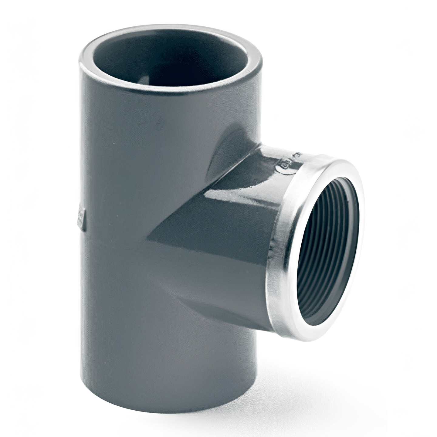 PVC-U Reinforced Equal Tee Plain to Threaded Imperial with stainless steel reinforcement for durable connections.