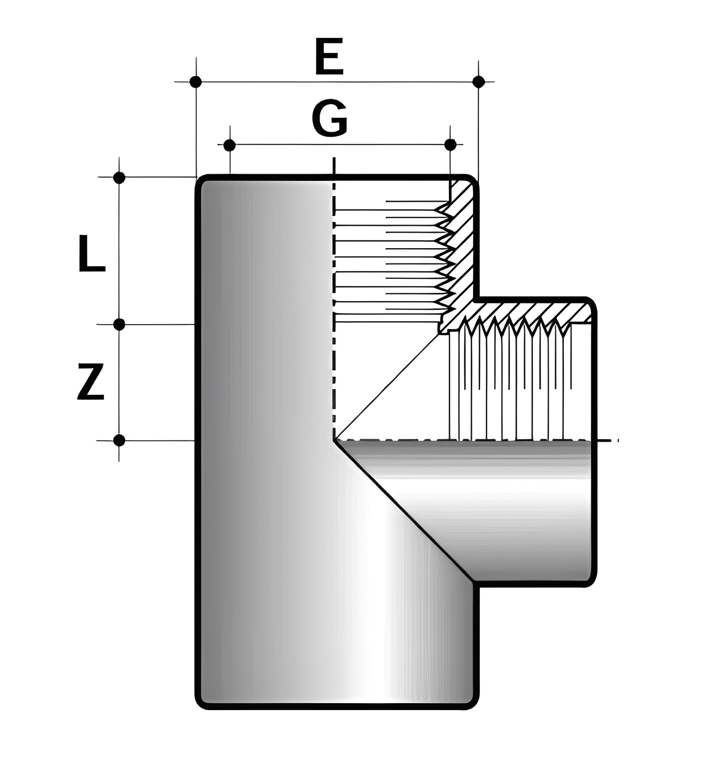 PVC-U Equal Tee Threaded Imperial Fitting - WRAS Approved technical diagram with dimensions labeled E, G, L, and Z.