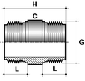 PVC-U Imperial Threaded Hexagon Nipple - All Sizes technical drawing with measurements H, C, G, L.