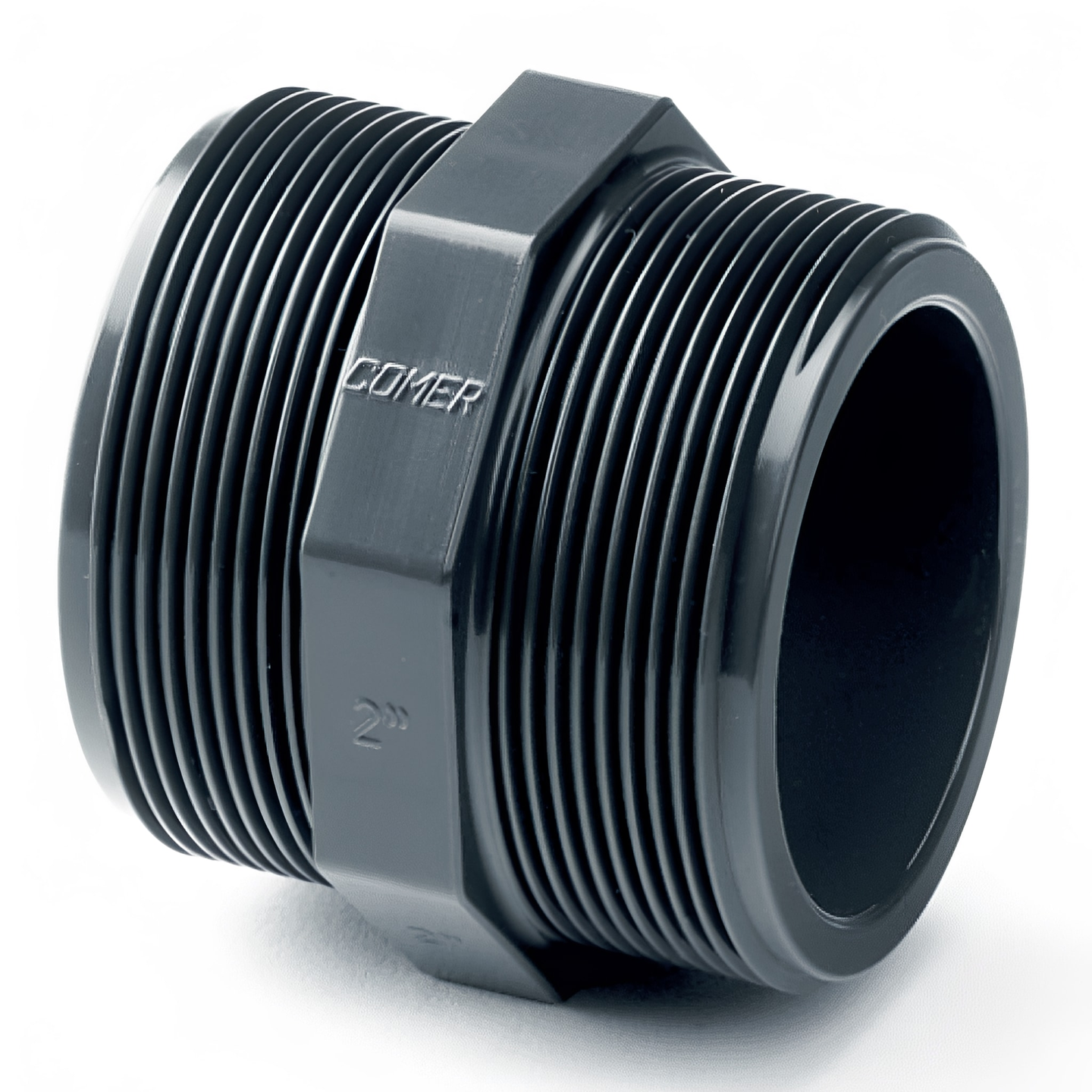PVC-U Imperial Threaded Hexagon Nipple - All Sizes, showcasing durable black PVC construction and threaded design.