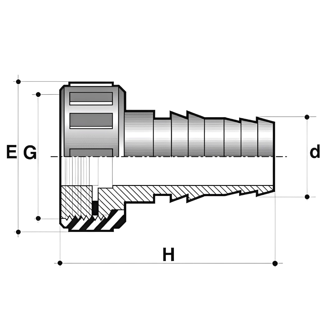 PVC-U Hose Adaptor - Female BSP x Metric Hose Tail technical drawing showing dimensions E, G, d, and H.
