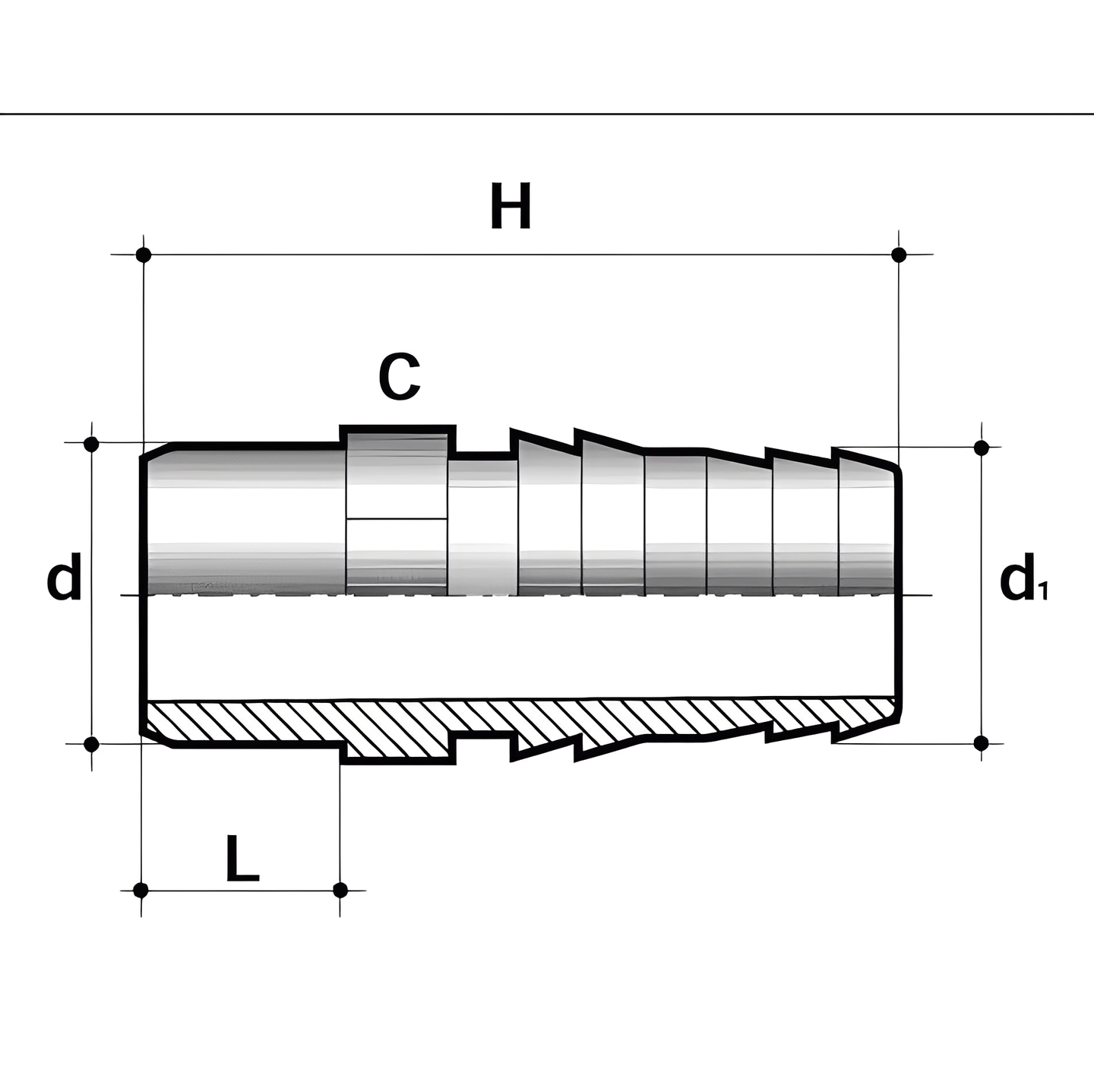 PVC-U Imperial Hose Adaptor - Male Spigot x mm Hose Tail technical drawing with dimensions.