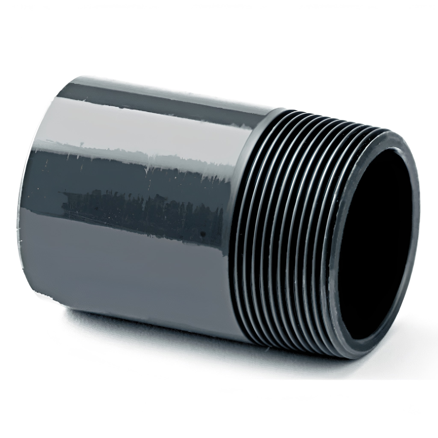 PVC-U Nipple Plain to Threaded Imperial Pipe Fitting displayed on a white background.