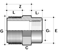 PVC-U Long Threaded Reducing Bush - Imperial Sizes technical diagram showing dimensions and threading details.