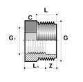 Illustration of PVC-U Threaded Reducing Bush - Short Pattern Imperial showing dimensions and threaded design.