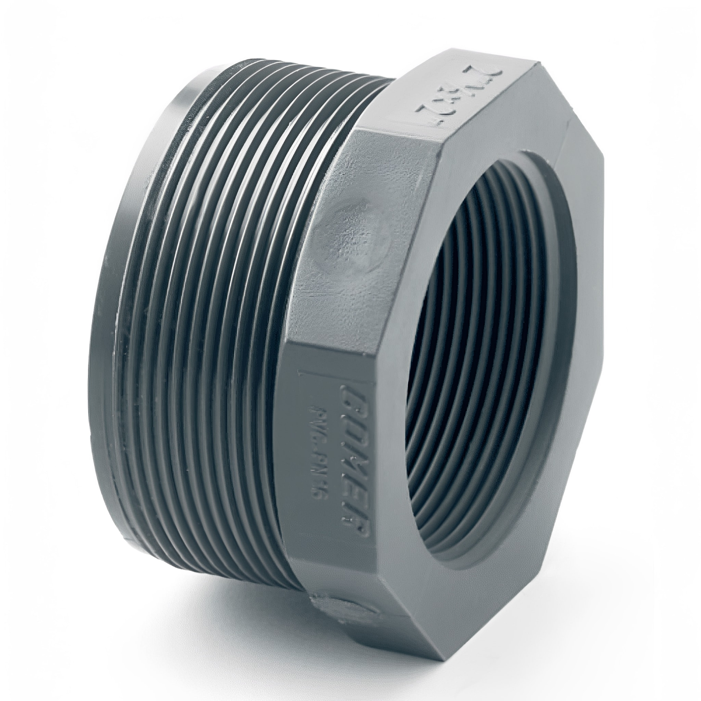 PVC-U Threaded Reducing Bush - Short Pattern Imperial for plumbing and industrial applications.