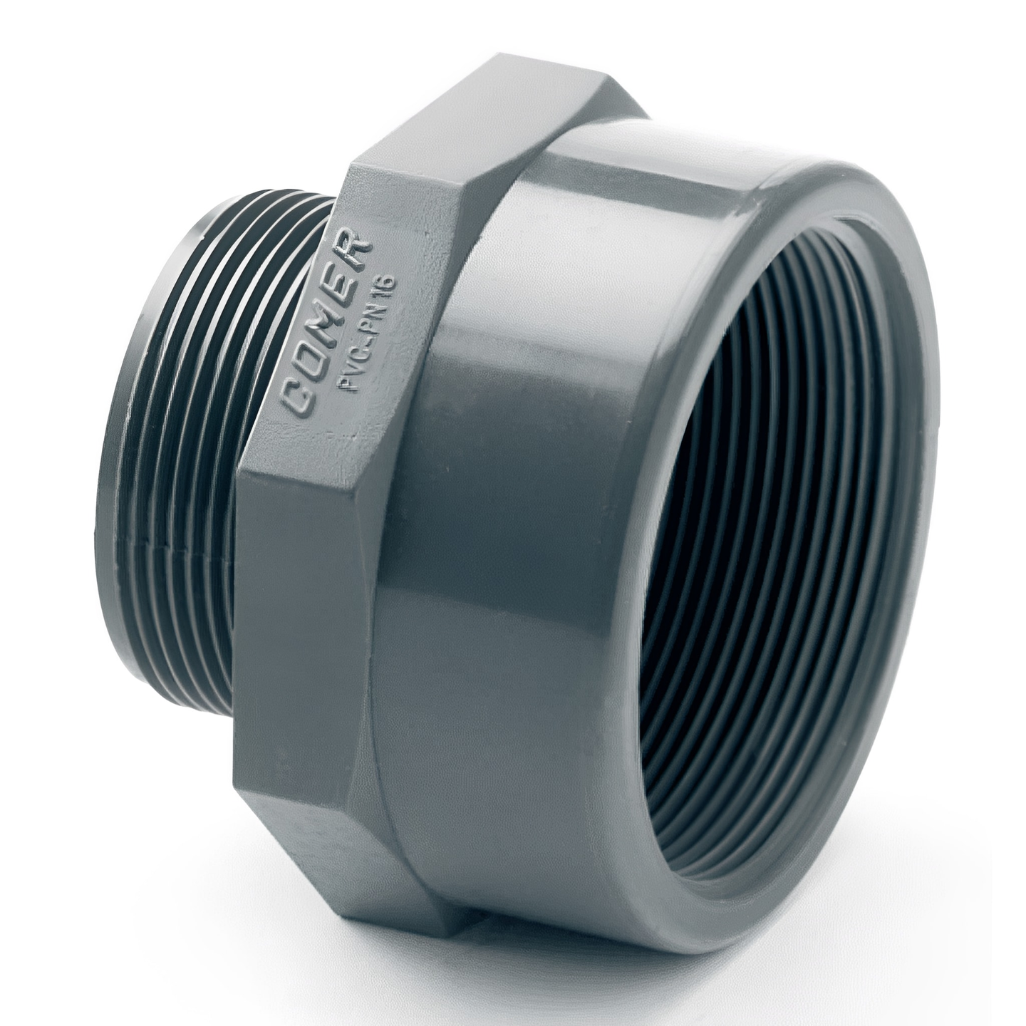 PVC-U Threaded Reducing Piece Male to Female Imperial for connecting PVC fittings in imperial piping systems.