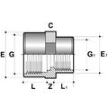 PVC-U Imperial Threaded Reducing Socket - Female BSP technical drawing with dimensions labeled.