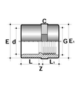 PVC-U Plain to Threaded Imperial Socket - WRAS Approved technical drawing with dimensions.