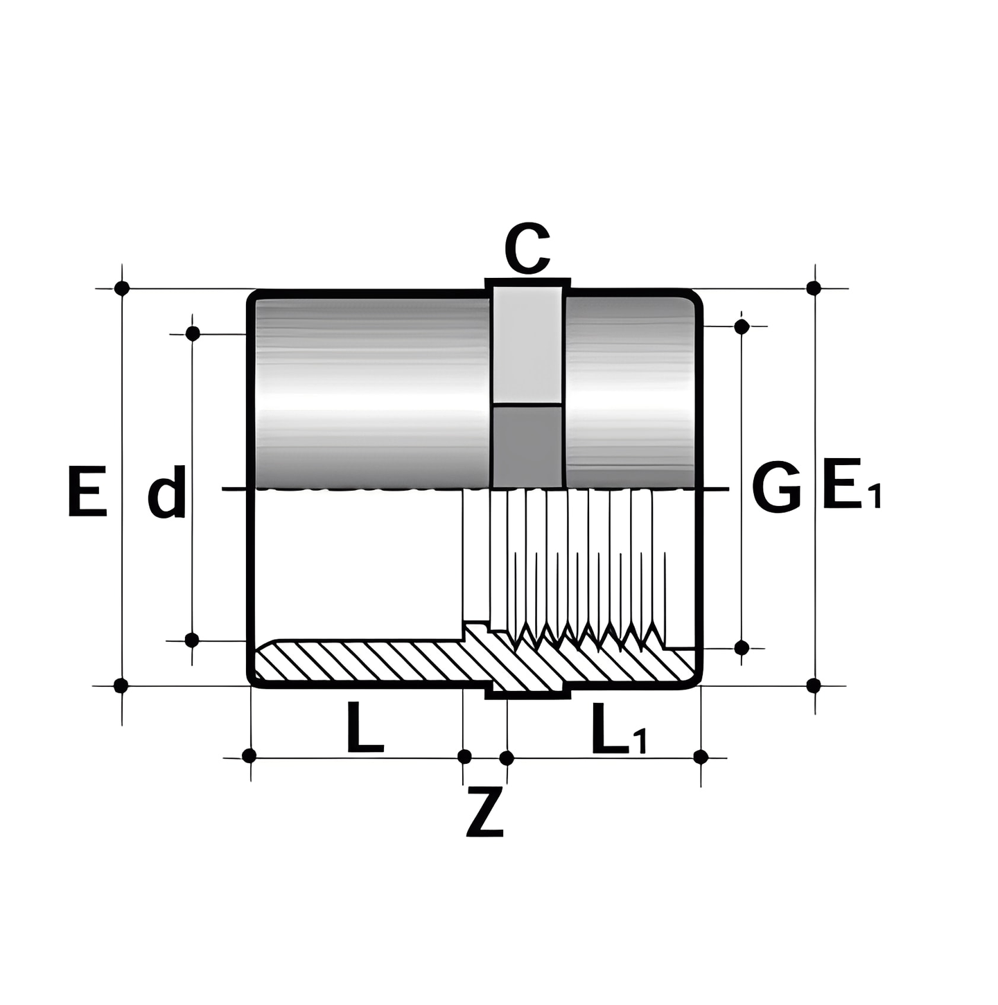 PVC-U Plain to Threaded Imperial Socket - WRAS Approved technical drawing with dimensions.