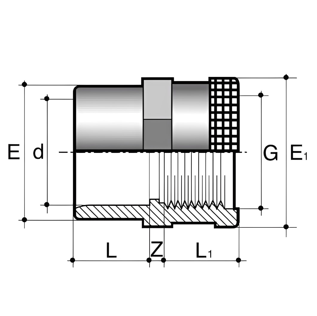 PVC-U Socket Plain to Threaded Stainless Steel Reinforced Imperial technical drawing illustrating dimensions.