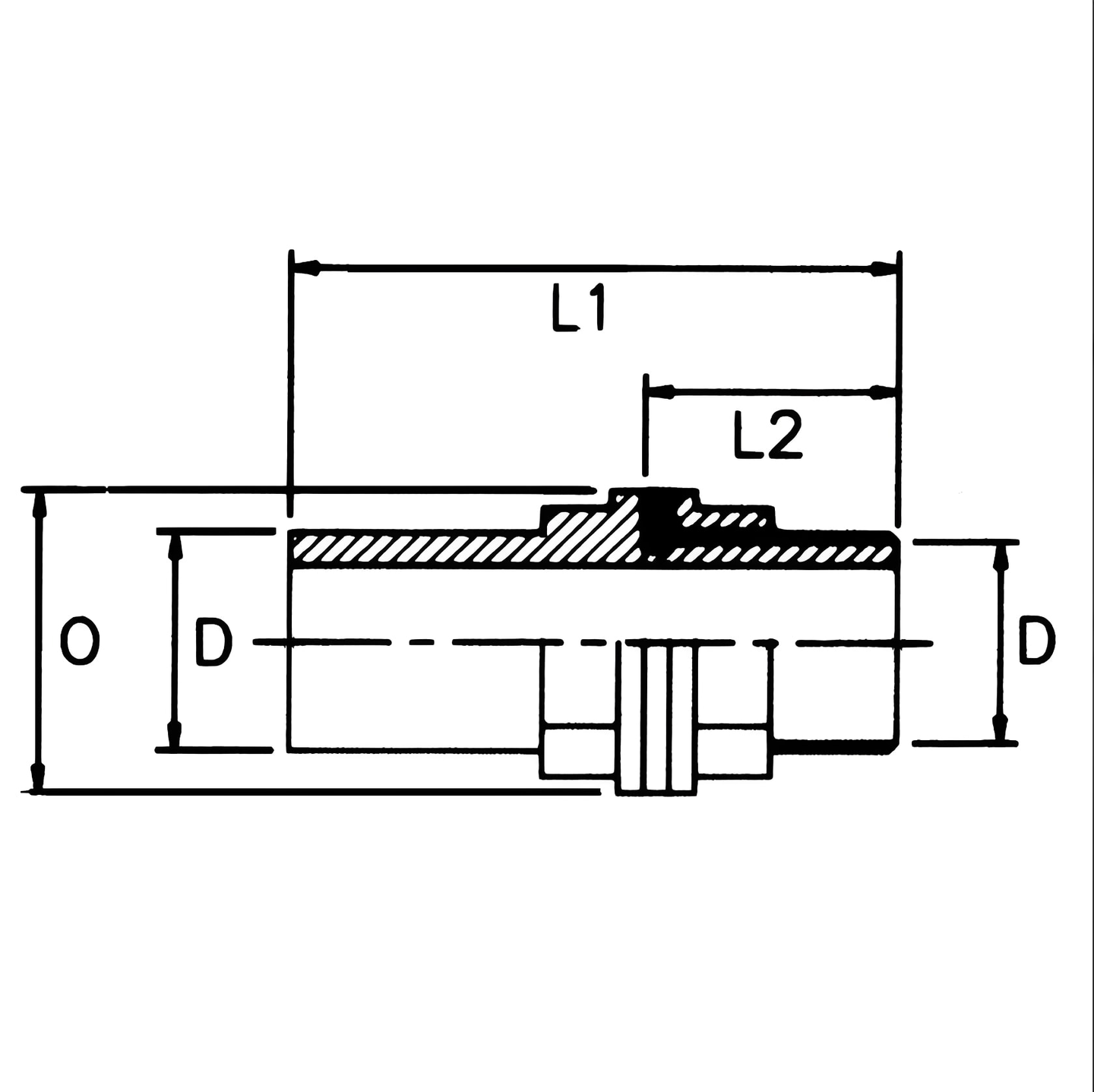 PVC-U Tank Connector Plain to Threaded Imperial Pipe Fitting technical drawing with dimensions L1, L2, and D.