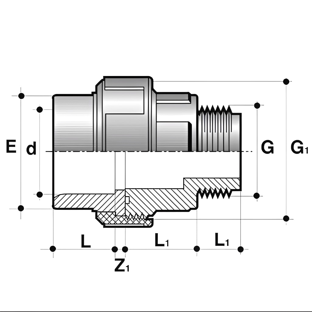 PVC-U Imperial Plain/Threaded Union - Male Thread One End dimensions illustration