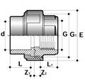 Diagram of a PVC-U Union Plain to Threaded Imperial Pipe Fitting with dimensions labeled.