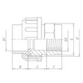 PVC-U Reinforced Plain to Threaded Imperial Union - Grey design diagram with dimensions labeled.