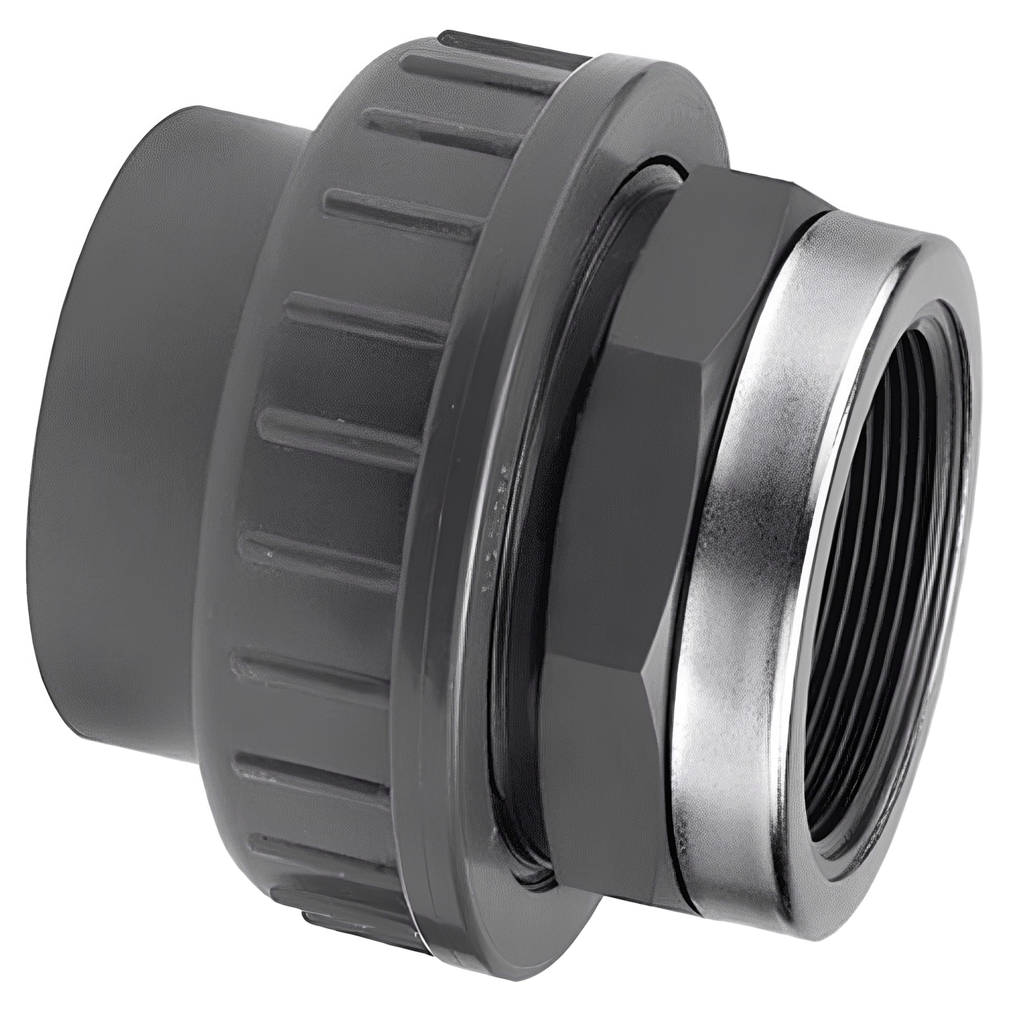 PVC-U Reinforced Plain to Threaded Imperial Union - Grey, featuring stainless steel reinforced design for durability.