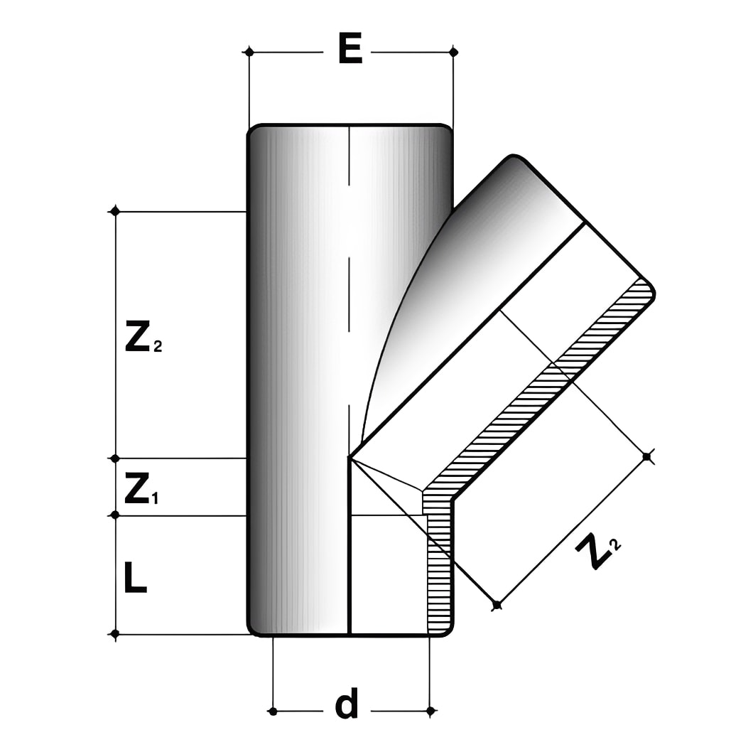 PVC-U Y Piece 45 Degree Tee Plain Imperial Pipe Fitting technical diagram with dimensions