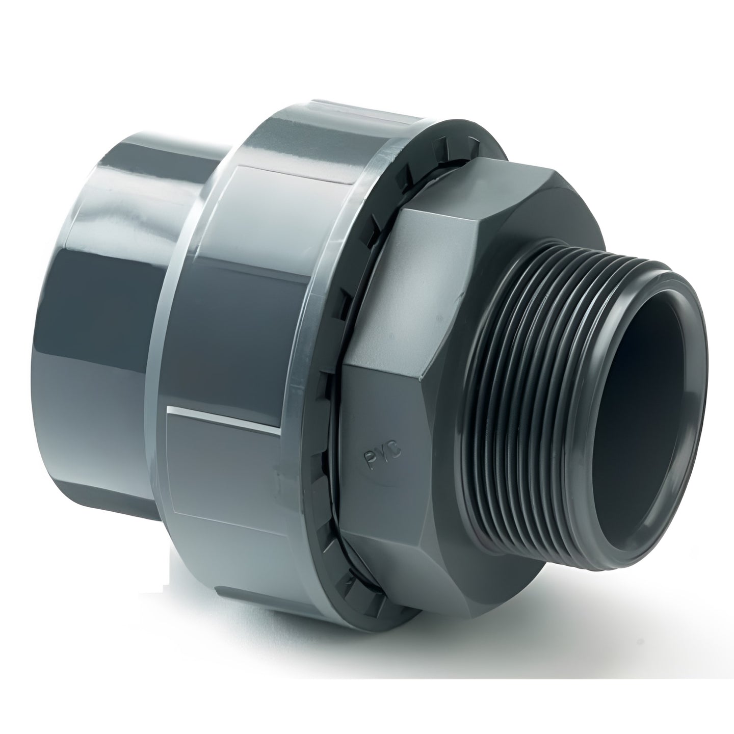 PVC Union - Male BSP Thread to Plain Female Metric Pipe Joint for secure pipe connections.