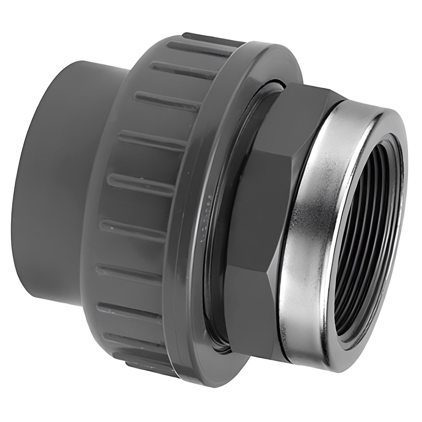 PVC Reinforced Union - Plain to Threaded BSP Metric showing a close-up of its durable stainless steel reinforcement ring.