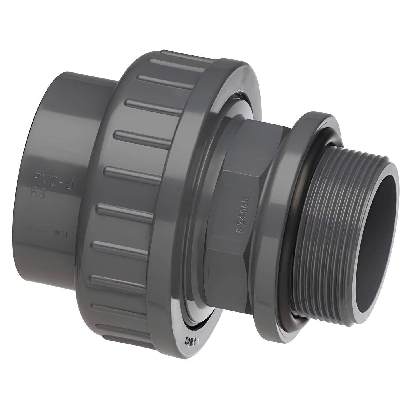 PVC-U Union - Plain/Threaded BSP Metric with O-Ring, pipe fitting with plain and threaded ends.