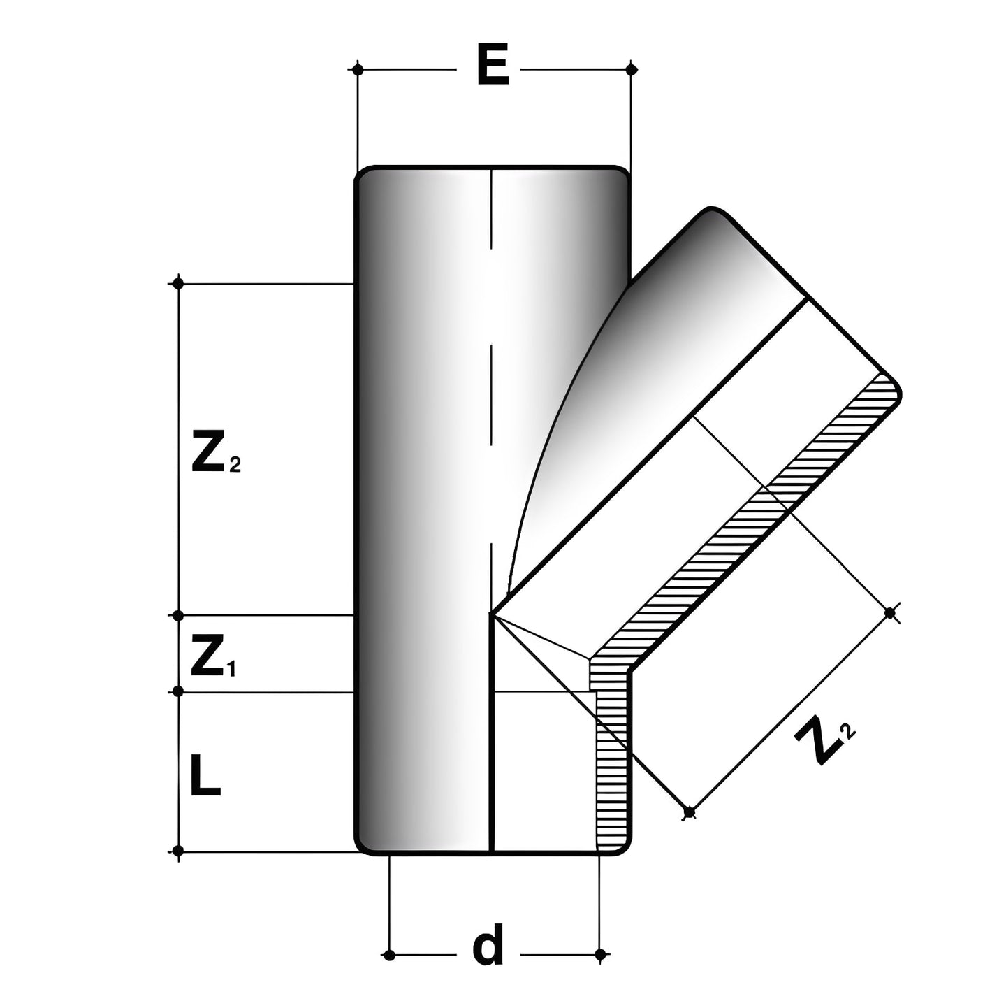 Diagram of PVC Metric Plain Y Piece / 45º Tee Fitting dimensions with labels for L, E, d, Z1, Z2.
