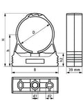 Quick Clamp Pipe Clip - Polypropylene Imperial & Metric dimensions diagram showing various measurements.