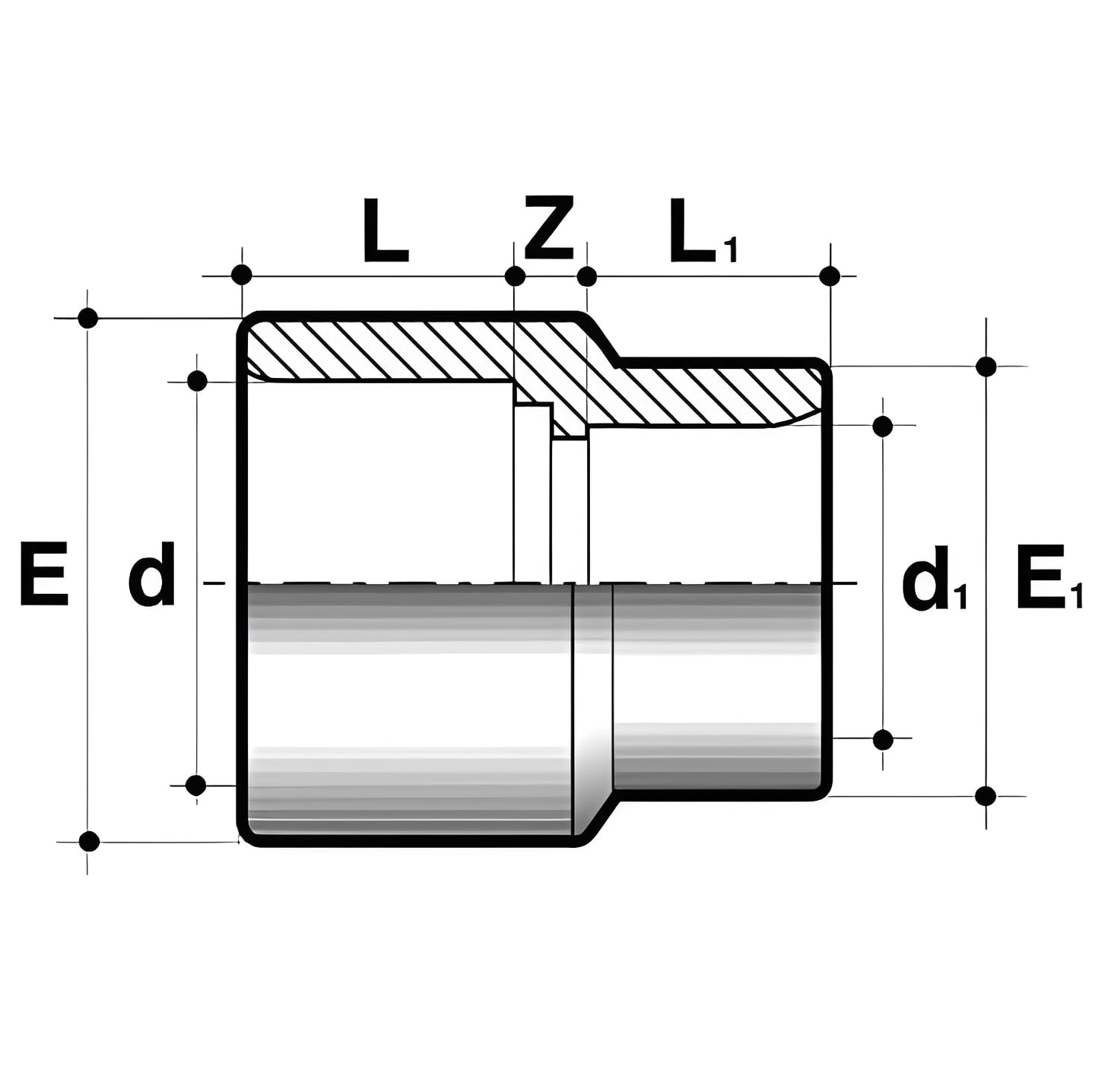 PVC Metric Reducing Socket - Pressure Pipe Fitting diagram showing dimensions and connections of pipe fitting.