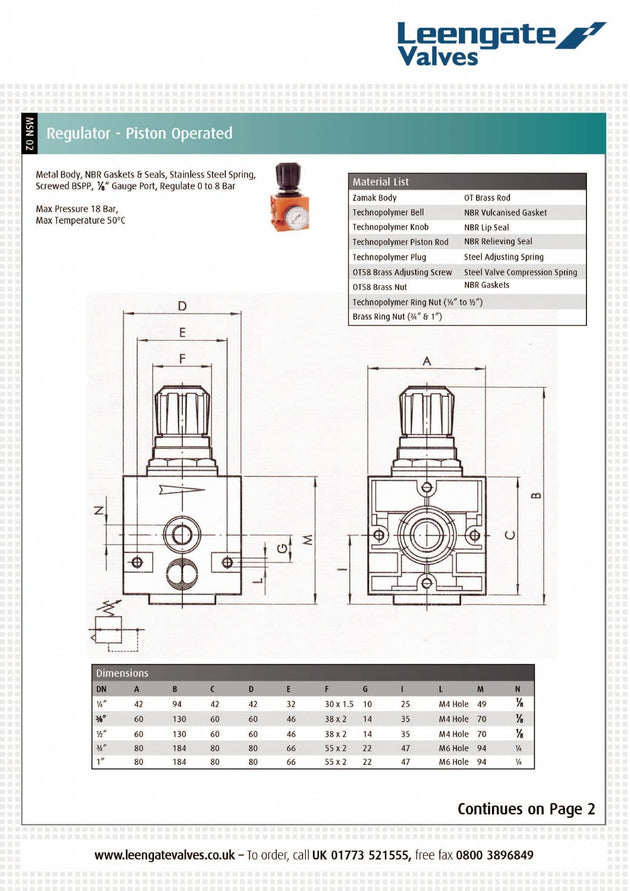 Piston-Operated Air Pressure Regulator - 0-8 Bar High Flow detailed diagram and specifications.