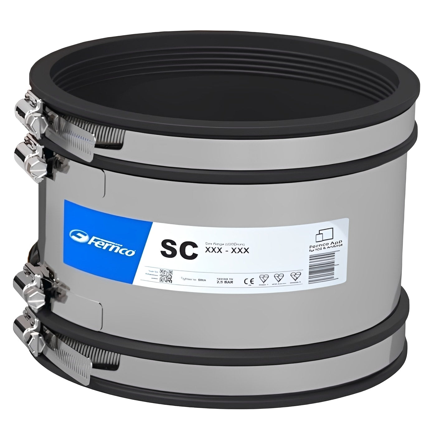 Fernco SC410 Shear-Banded Pipe Coupling 385mm - 410mm shown in flexible connector design for drainage pipework.