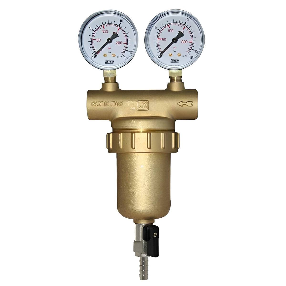 Self-cleaning Filter PN25 100 Micron BSPP with Pressure Gauges showcasing dual pressure gauges for monitoring.