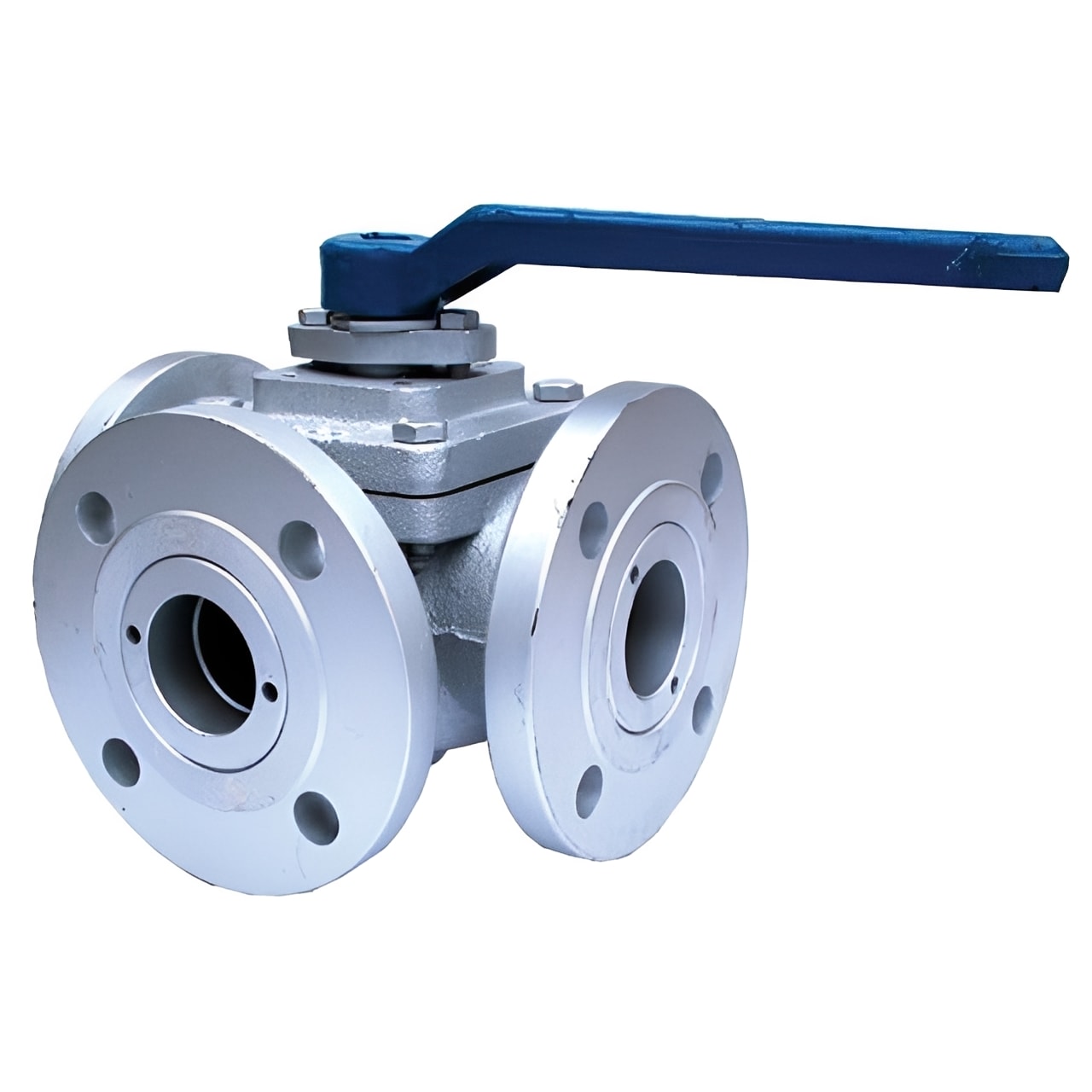316 Stainless Steel 3-Way T-Port Ball Valve - PN16 Flanged with flanged ends and blue lever handle