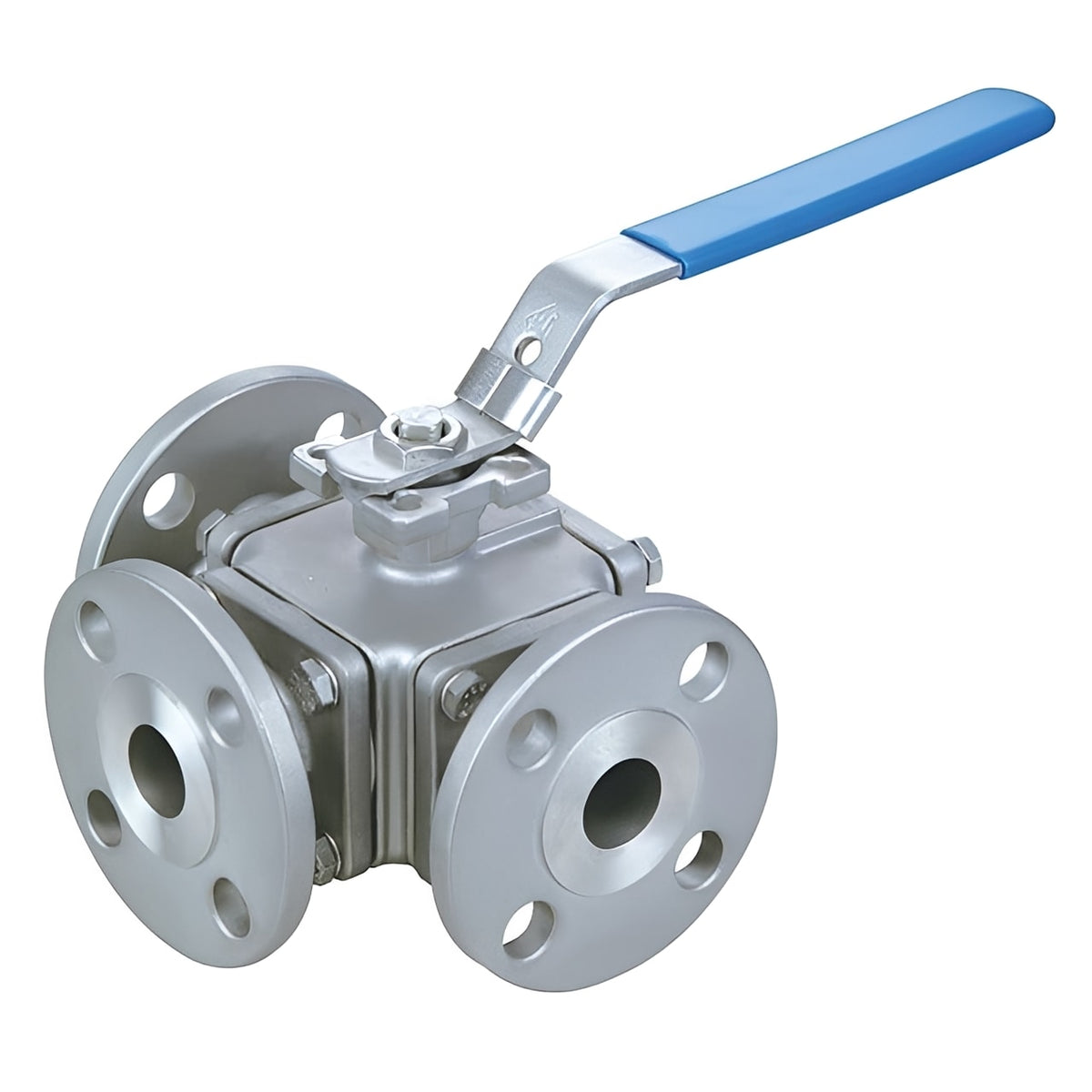 316 Stainless Steel 3-Way L-Port Ball Valve PN16 ISO Top with blue handle and flanged ends.