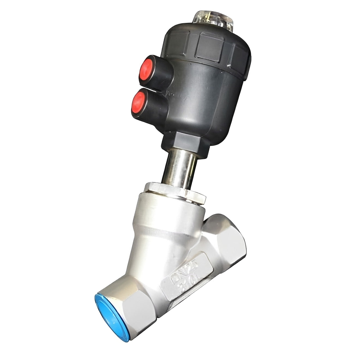 Stainless Steel Angle Seat Valve fitted with Single Acting PA Actuator for efficient flow control.