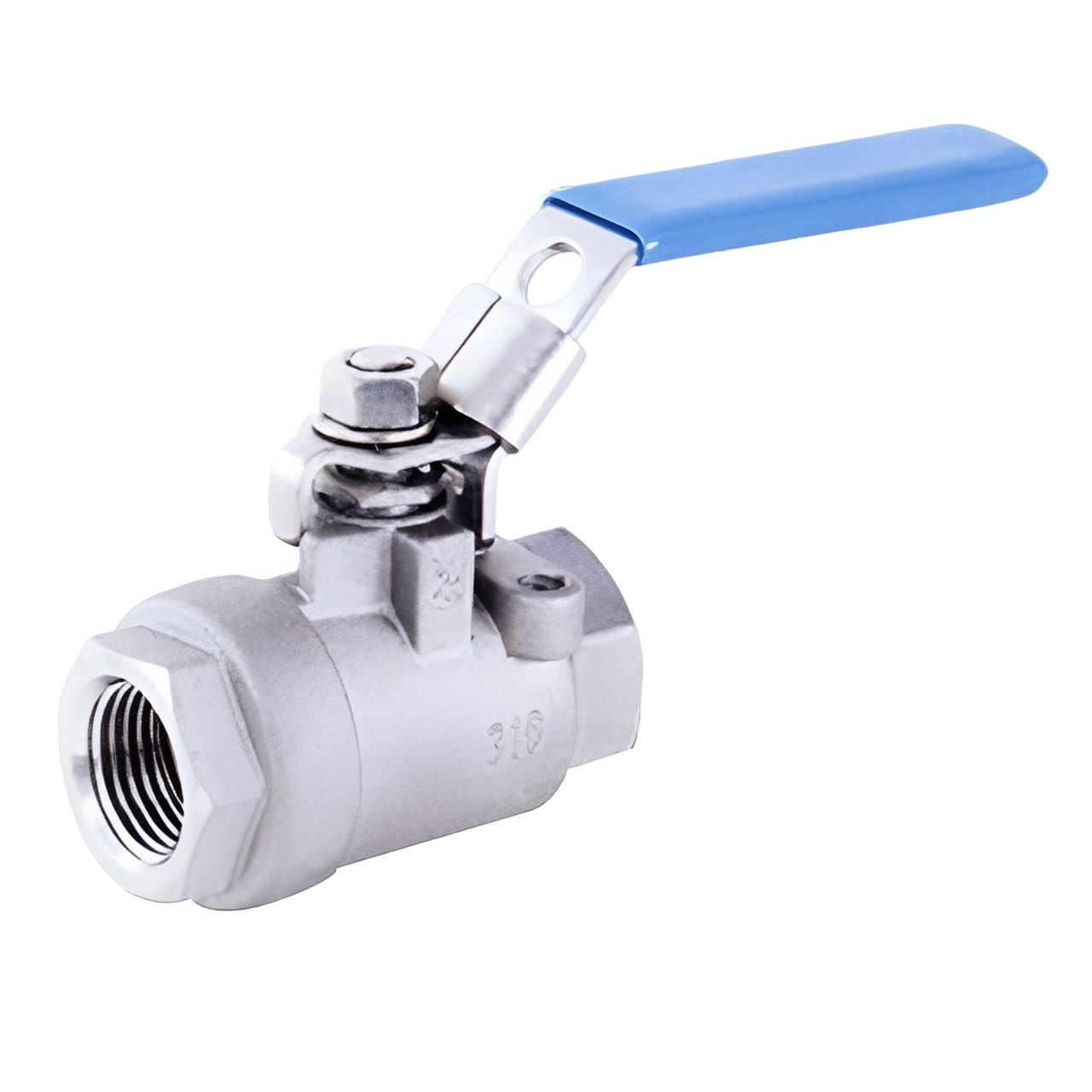 316 Stainless Steel 2-Piece Ball Valve - 3000psi Full Bore with blue lever and threaded connection.