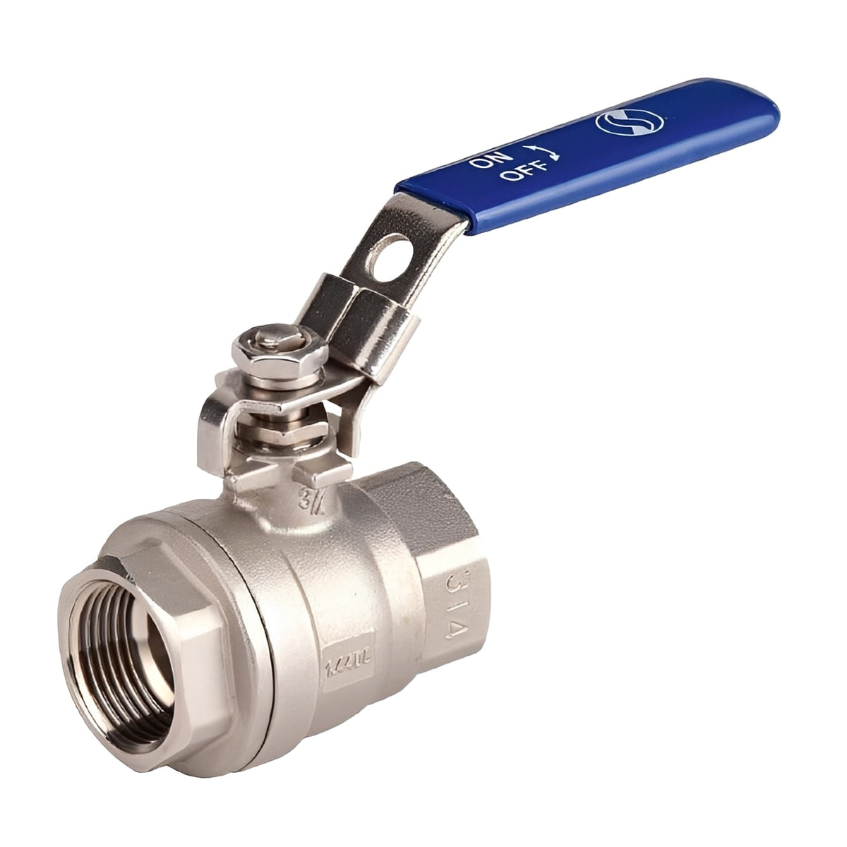 316 Stainless Steel 2-Piece Vented Ball Valve with blue handle for on/off control.