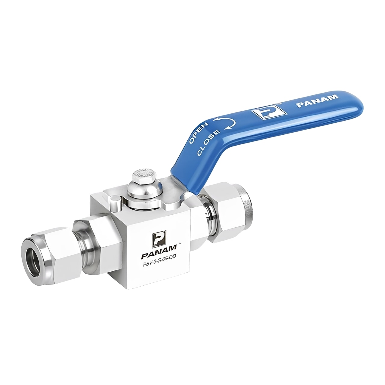 316 Stainless Steel Ball Valve - Metric Compression Ends with blue handle and compression fittings.