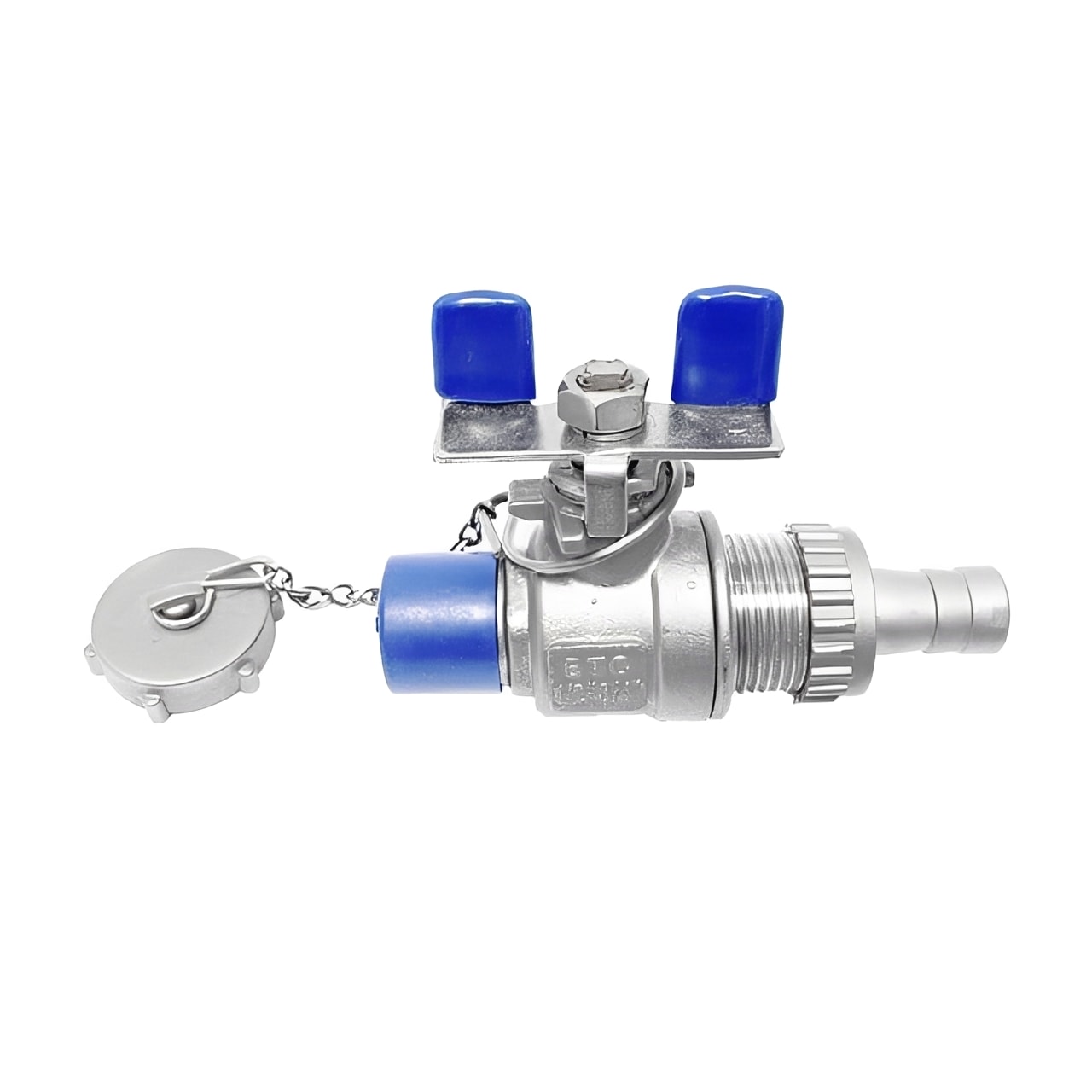 316 Stainless Steel Ball Valve with Hose Tail and Cap for secure shut-off in flexible hose systems.