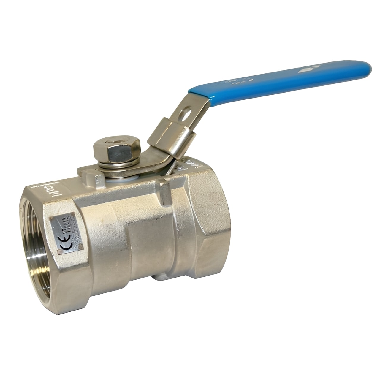 One-Piece Stainless Steel Ball Valve - Screwed BSPP Full-Bore showing a durable valve with a blue handle and threaded end.