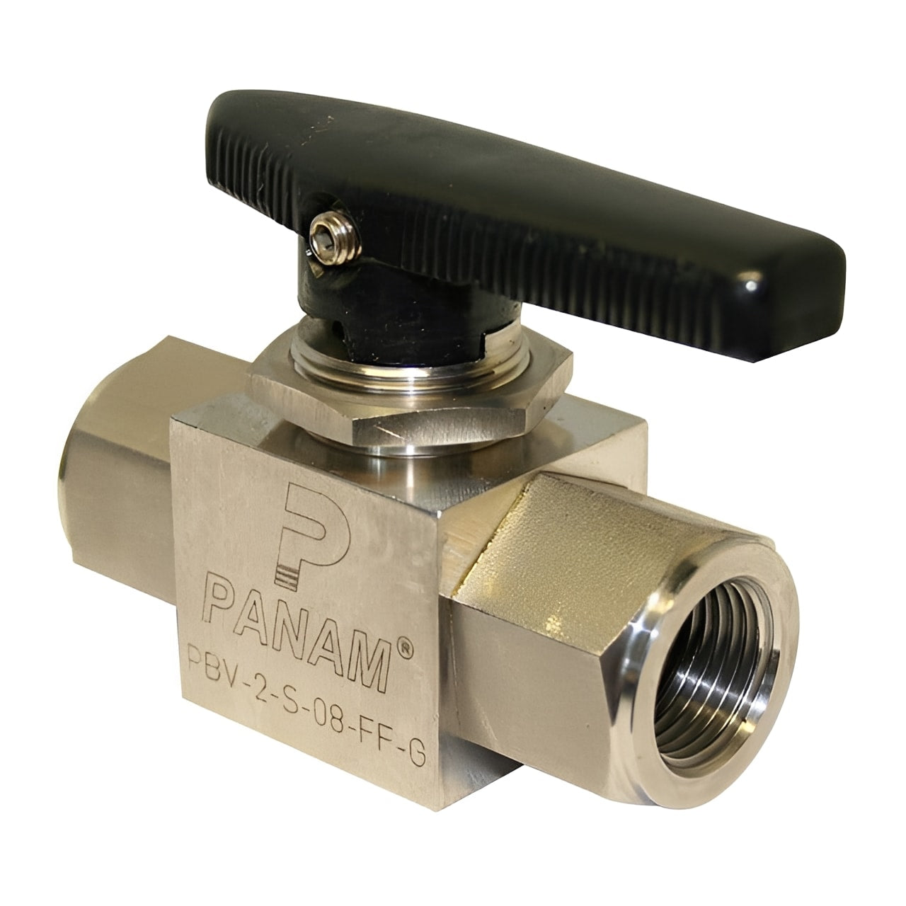 316 Stainless Steel Ball Valve - BSPP Screwed Pointer Handle with black pointer handle and female BSPP ends.