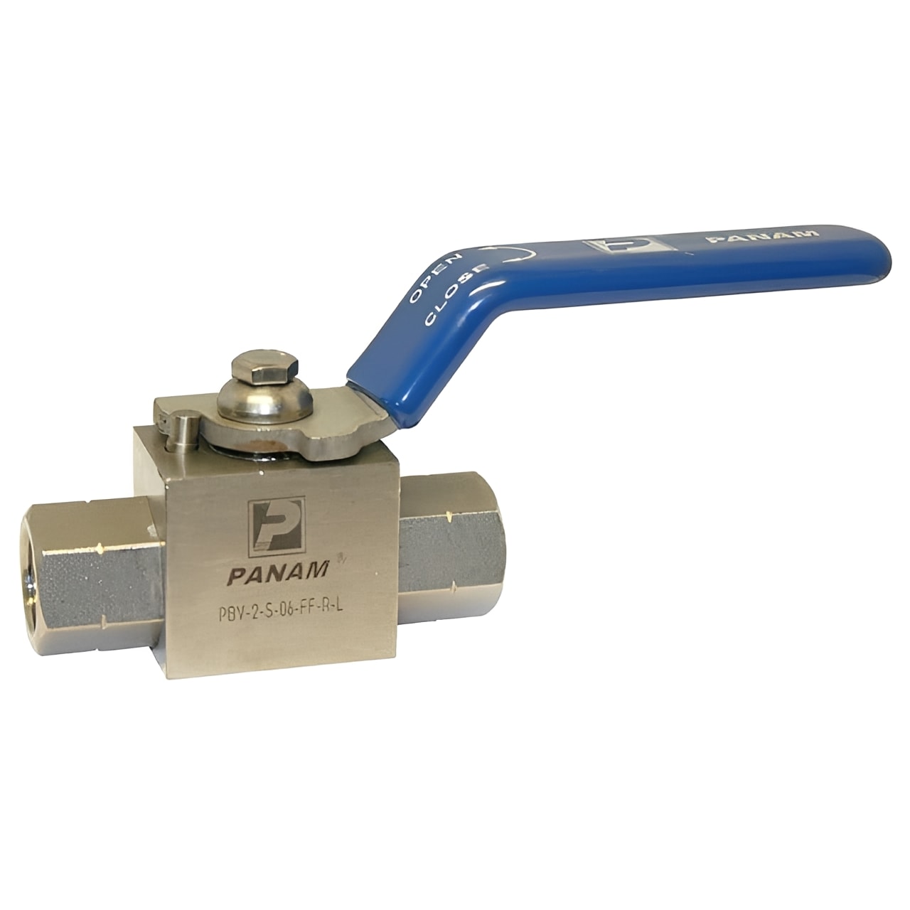 316 Stainless Steel Ball Valve - BSPT 6000psi Full Bore with blue handle and metal body for industrial use.