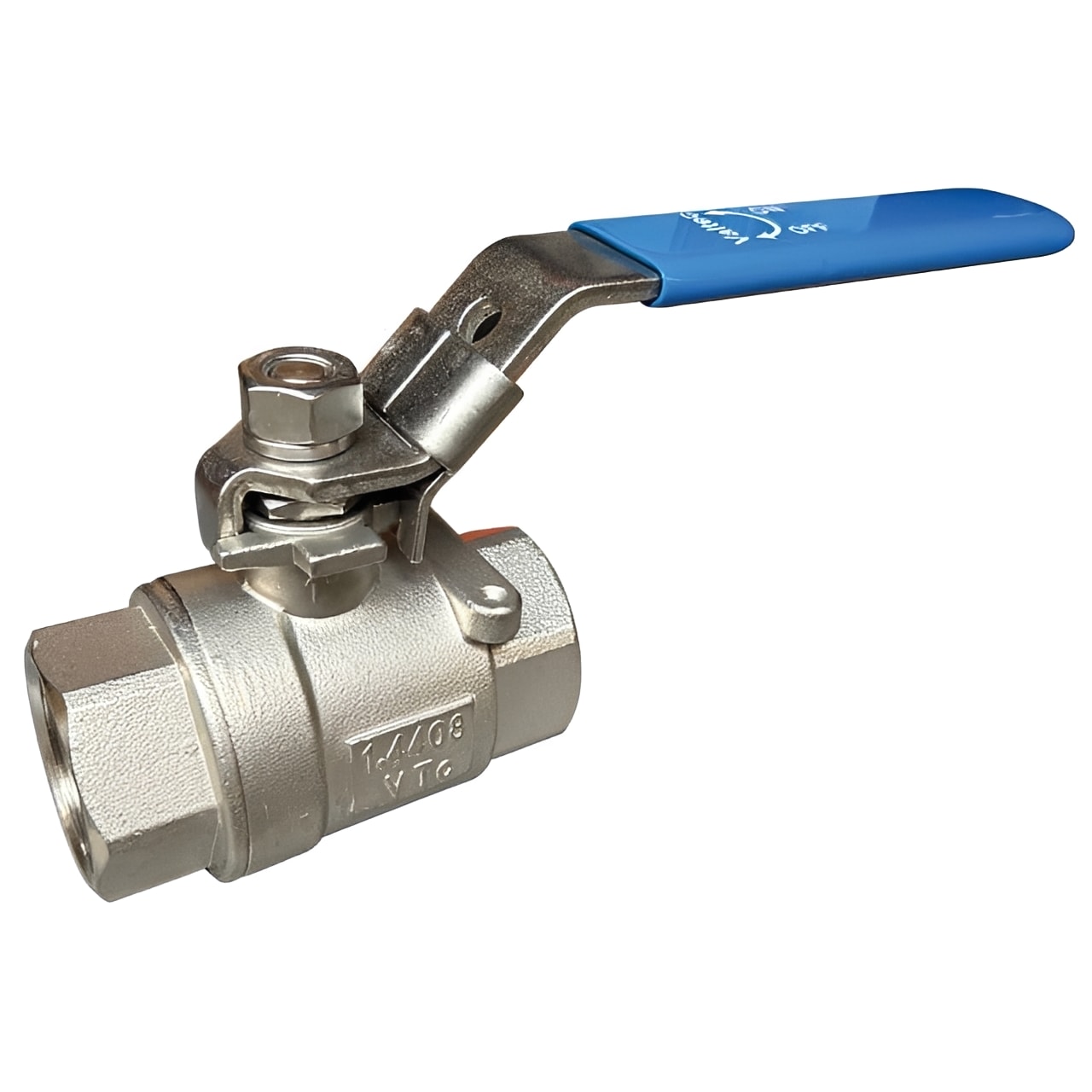 Stainless Steel 2-Piece Lever Ball Valve - WRAS Approved PN63 on display with blue handle.