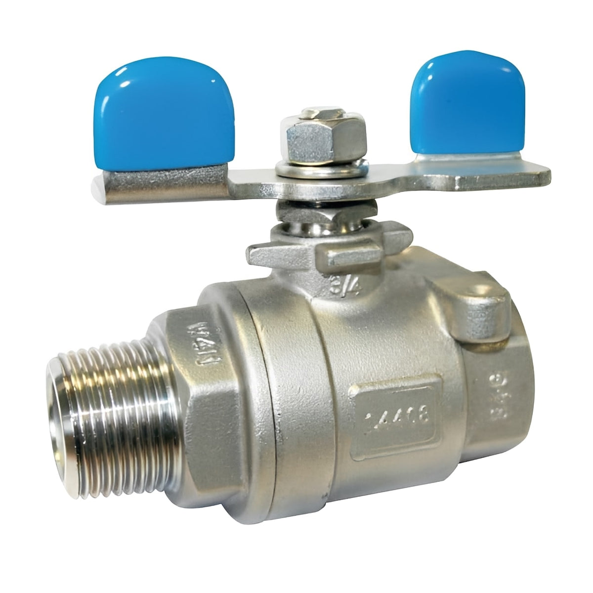 Stainless Steel 2-Piece Ball Valve Male x Female Butterfly Handle with blue handle for fluid control.