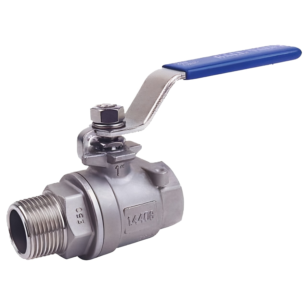 Stainless Steel 2-Piece Ball Valve - Male x Female BSPP Lever Operated with blue lever handle.