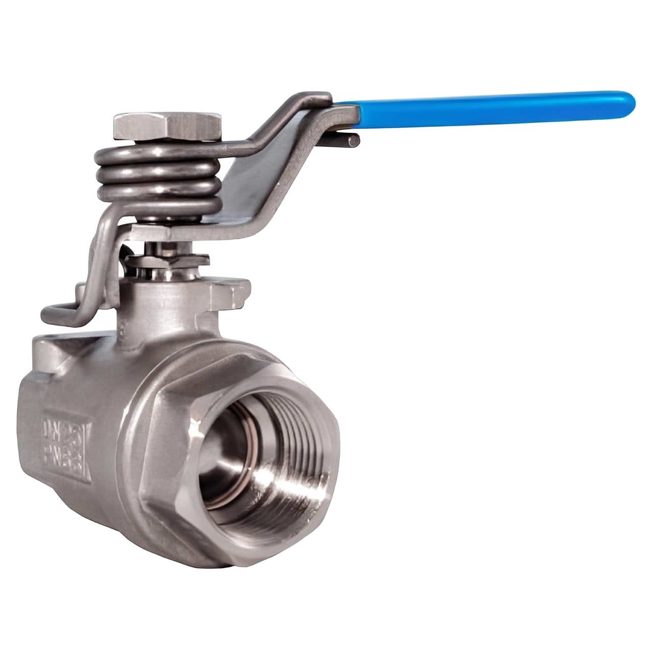 Stainless Steel 2-Piece Ball Valve - Spring Close Lever PN63 with spring-loaded lever handle for safe shut-off