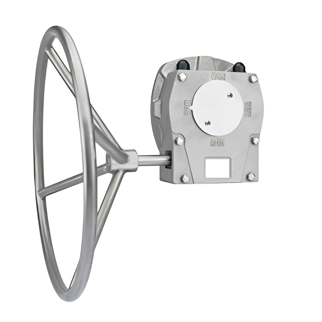 Stainless Steel Gearbox for Brandoni Type Butterfly Valves mounted on a quarter-turn actuator with a durable wheel.