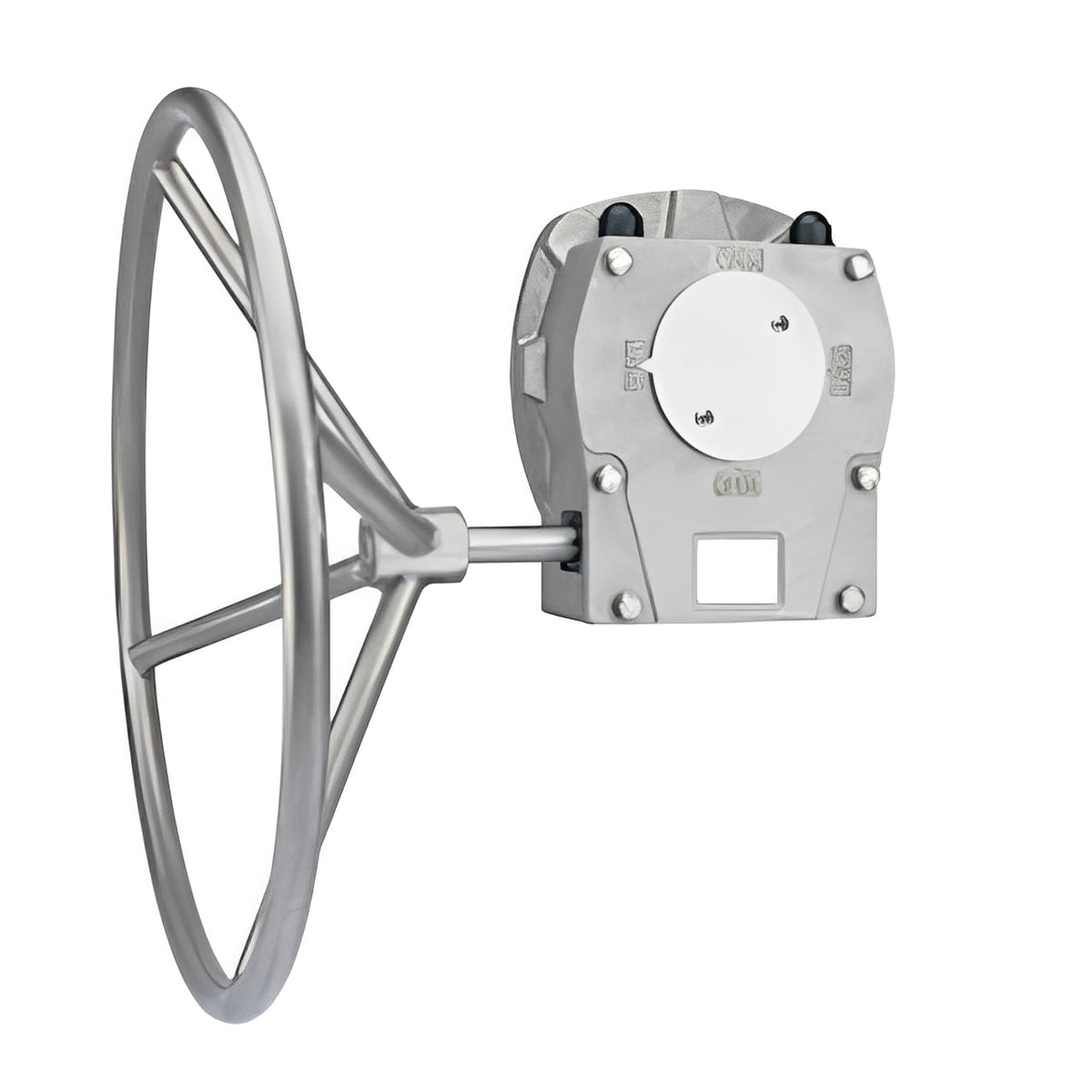 Stainless Steel Gearbox for Brandoni Type Butterfly Valves mounted on a quarter-turn actuator with a durable wheel.