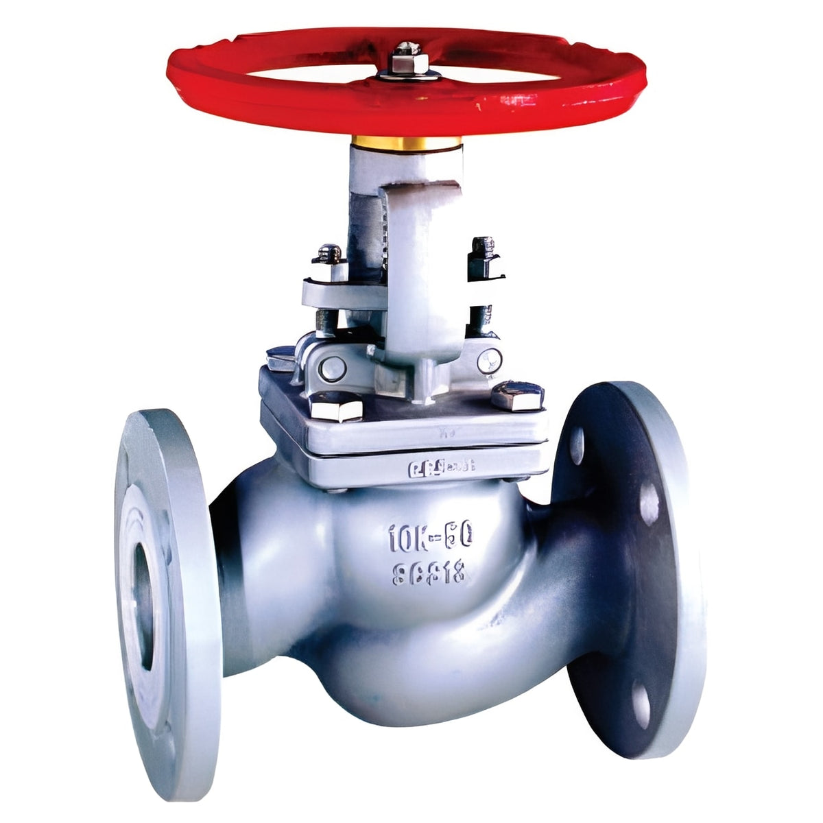 Stainless Steel Globe Valve - PN16 Flanged Handwheel Control showcasing a red handwheel and flanged design for flow control.